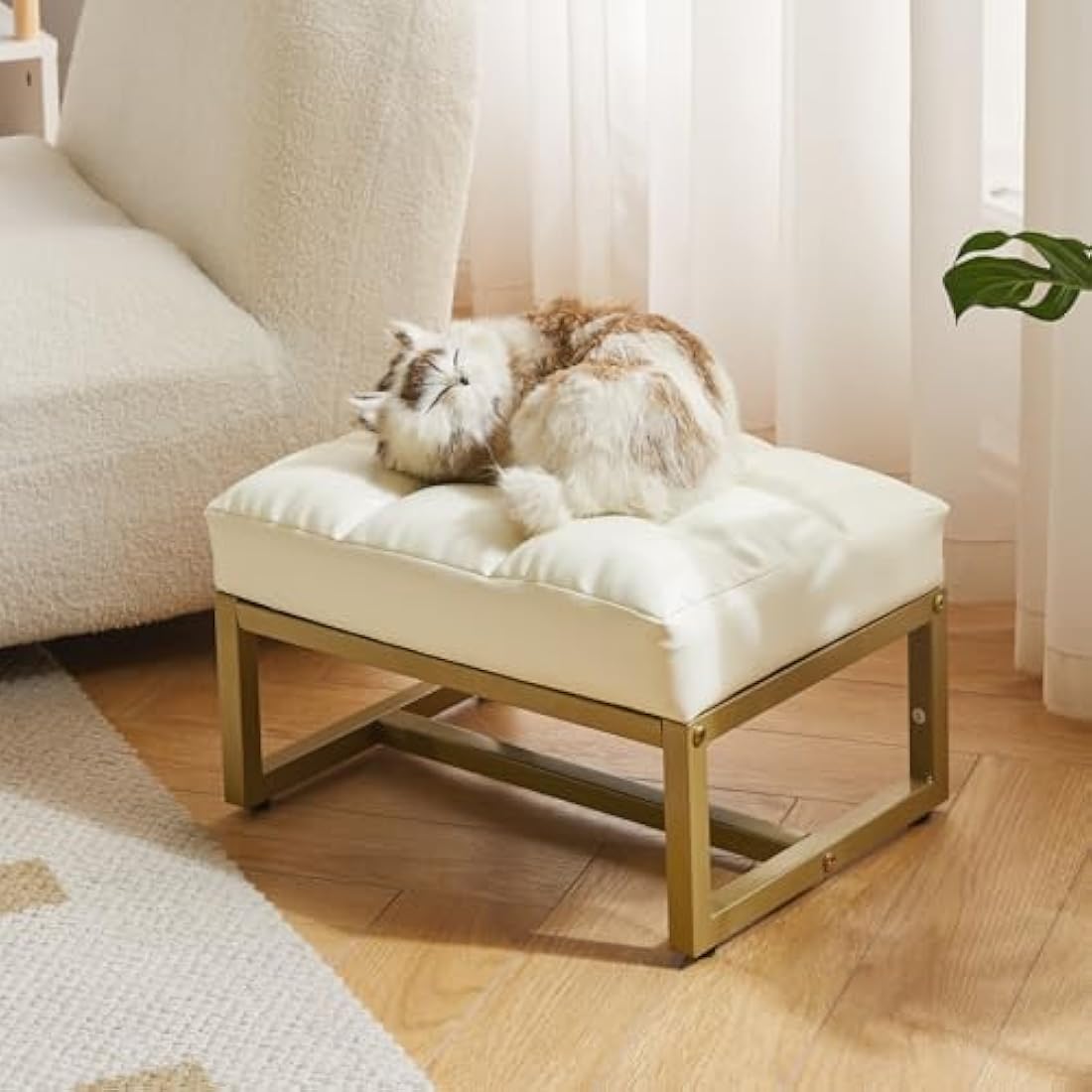 Aibiju White Faux Leather Footstool Ottoman with Gold Metal Frame