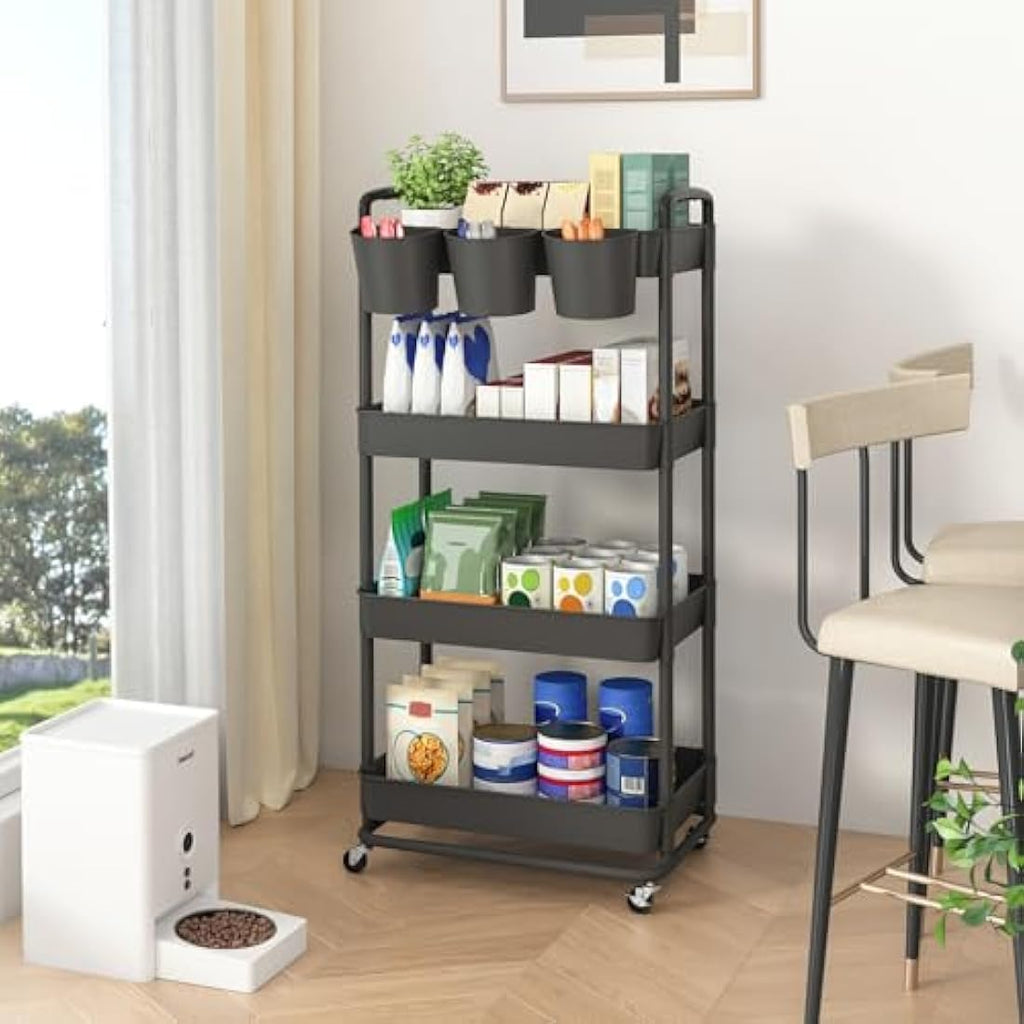 JIUYOTREE 4-Tier Rolling Utility Cart with Handles and Wheels - Black