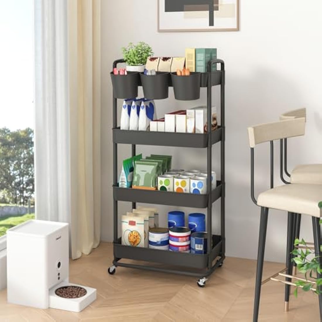 JIUYOTREE 4-Tier Rolling Utility Cart with Handles and Wheels - Black