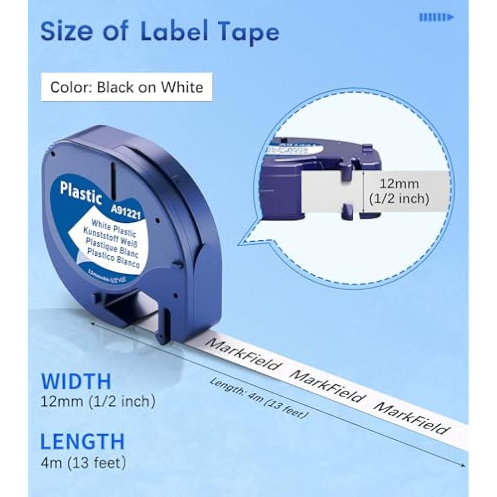MarkField Compatible Dymo Letratag Plastic Label Tape 91201, 12mm, 10-Pack