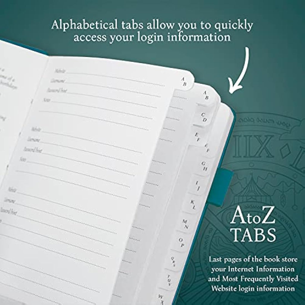 Password Book with Alphabetical Tabs - Turquoise, Medium