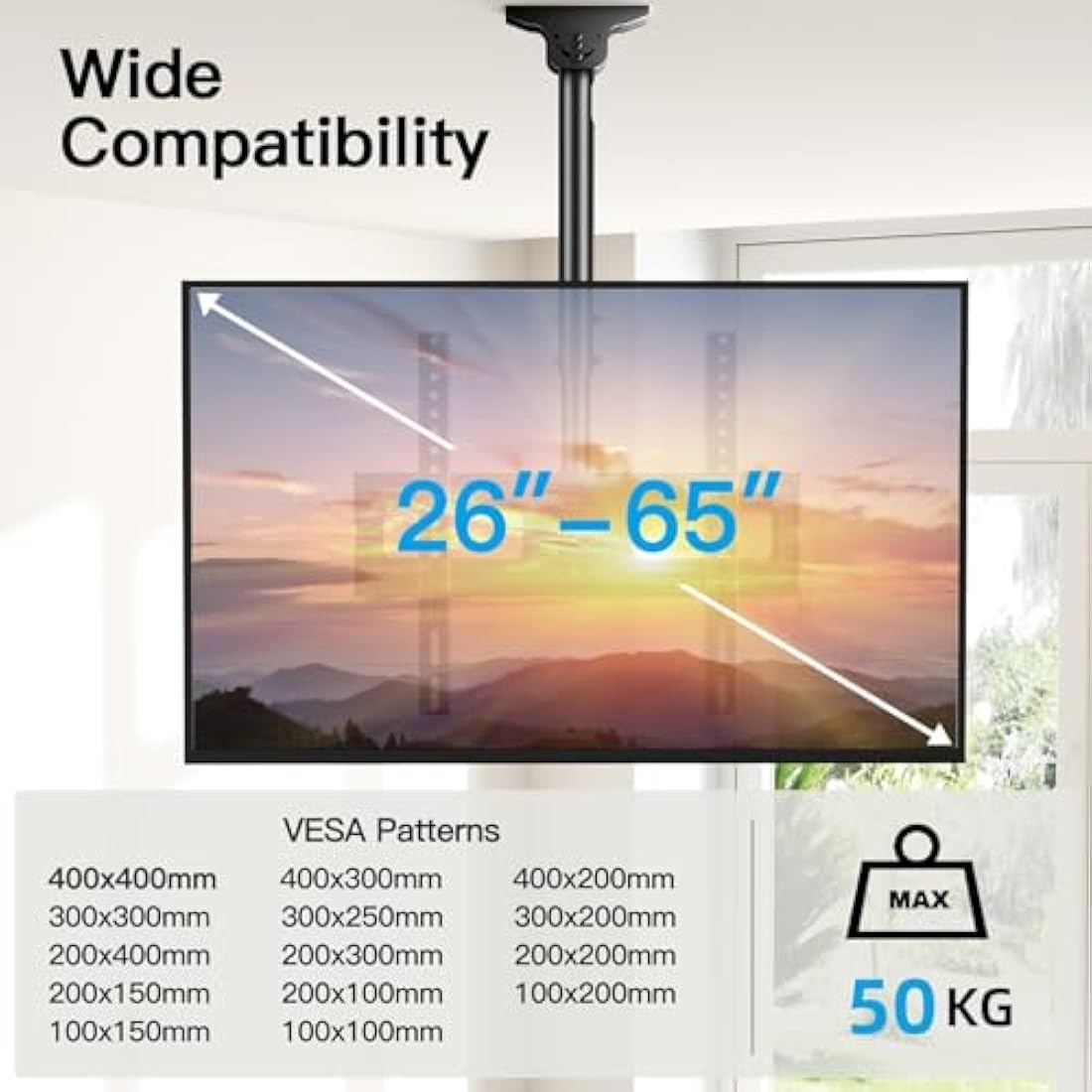 Perlesmith Ceiling TV Mount – Adjustable Swivel Bracket for 26-65 Inch TVs