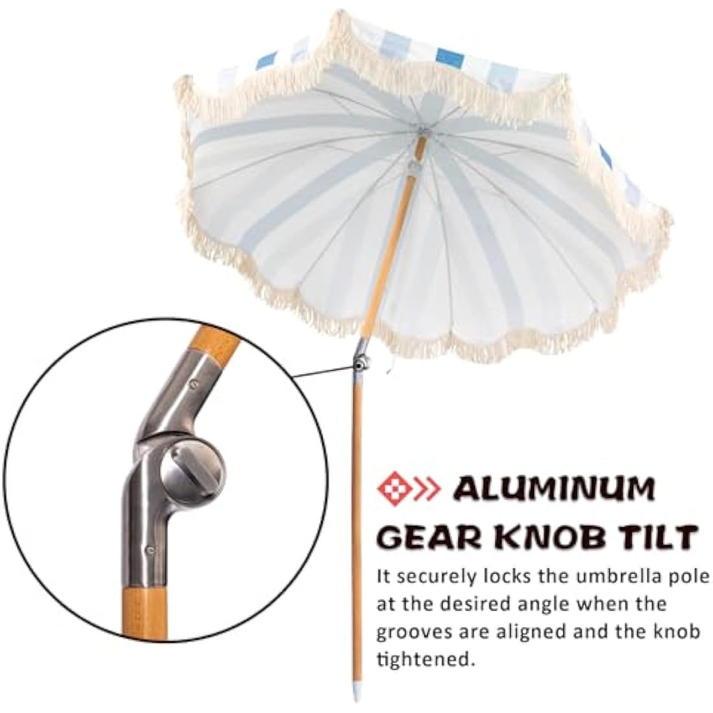 Mansader 2M Wood Garden Parasol | Boho Tassel Patio Umbrella UPF 50+