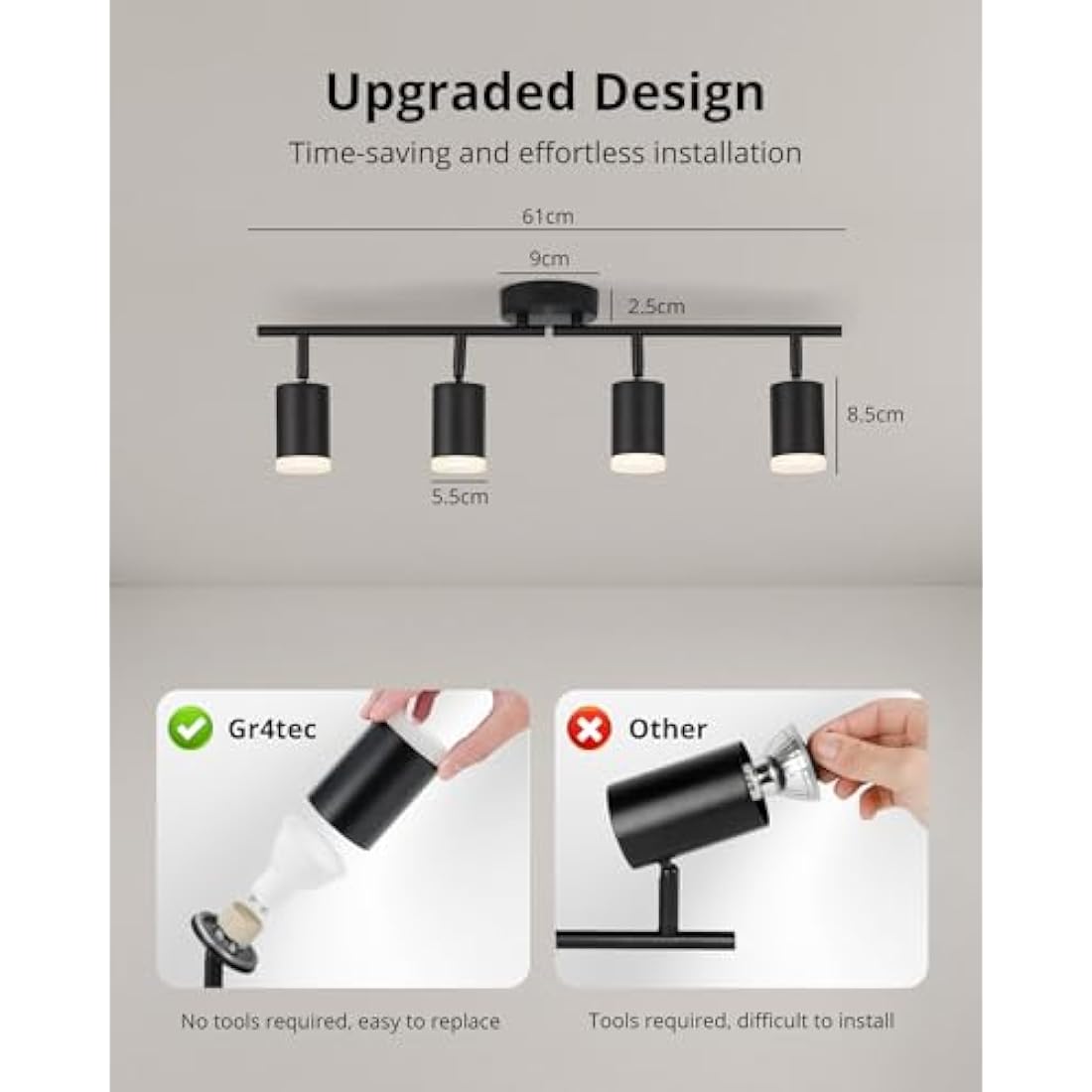 Gr4tec 4-Way LED Ceiling Spotlight Bar | Matte Black GU10 Fitting