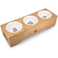 Navaris Elevated Triple Cat Bowls - Ceramic Feeder with Bamboo Stand