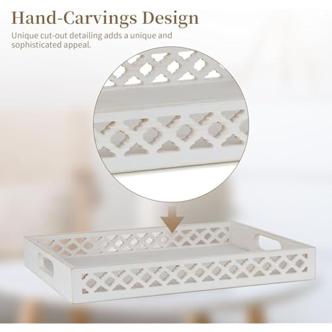 Hanobe Hand-Carved Wooden Serving Tray | Large White Farmhouse Centerpiece