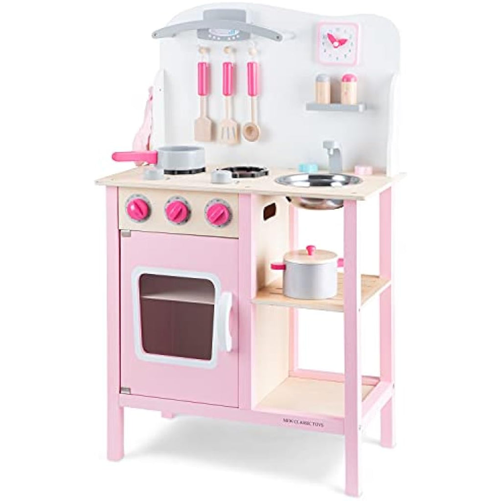 New Classic Toys Wooden Pretend Play Kitchen Set with Accessories – Pink