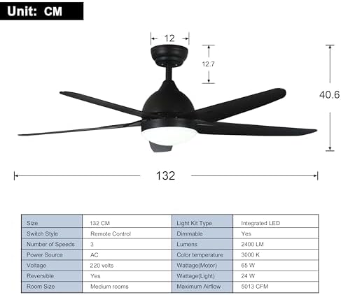 FINXIN 52" Ceiling Fan with LED Light and Remote | Reversible Black