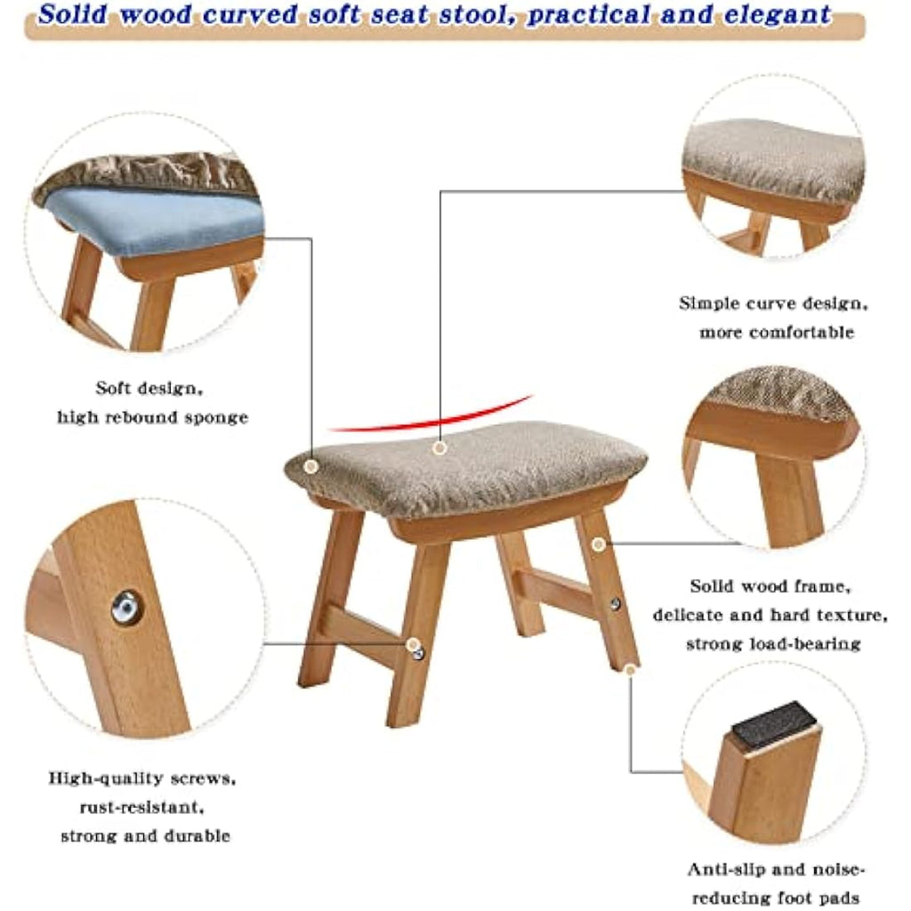 Jolof Store Wooden Footstool – Padded Beech Wood Ottoman with Beige Cover
