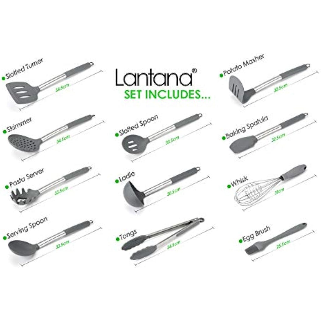Lantana 11pc Silicone Kitchen Utensil Set | Stainless Steel & Grey