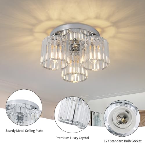 Jolof Store Modern 3-Light Crystal Chandelier – Chrome Flush Ceiling Light