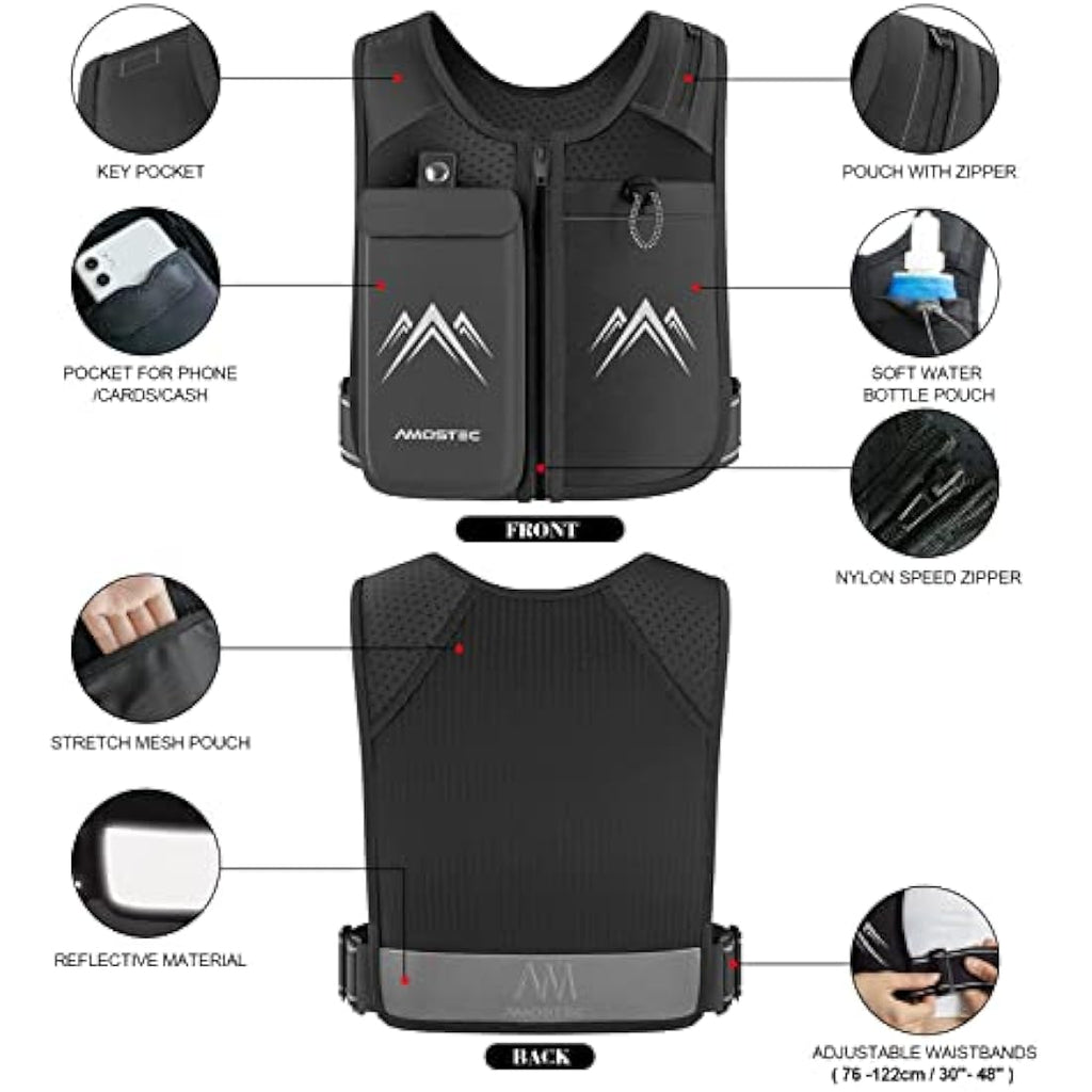 AMOSTEC Running Phone Holder Vest with 500ml Hydration Bottle | Reflective
