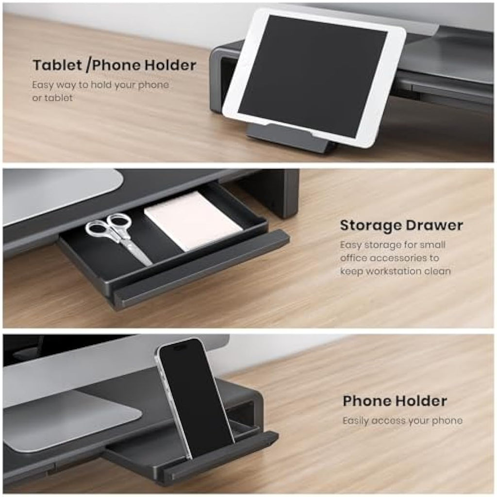 Klearlook Foldable Monitor Stand – Adjustable Riser with Drawer | Black
