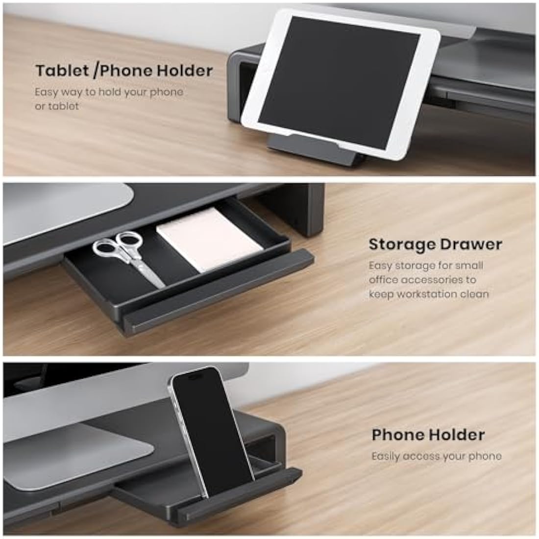 Klearlook Foldable Monitor Stand – Adjustable Riser with Drawer | Black