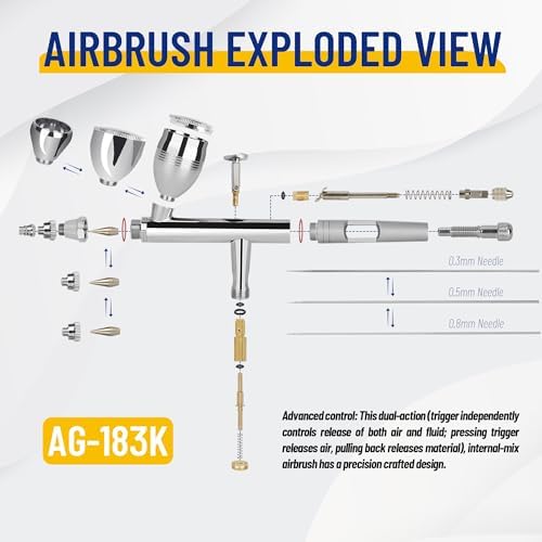 Fengda Dual Action Airbrush Set | 3 Nozzles & 3 Gravity Feed Cups
