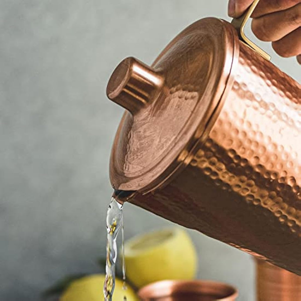 Kosdeg Pure Copper Pitcher with Lid – 44 Oz Hammered Handcrafted Jug