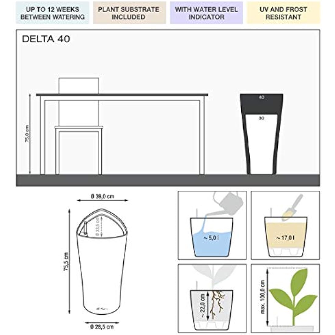 Lechuza Delta 40 Self-Watering Tall Planter – White High-Gloss Plastic