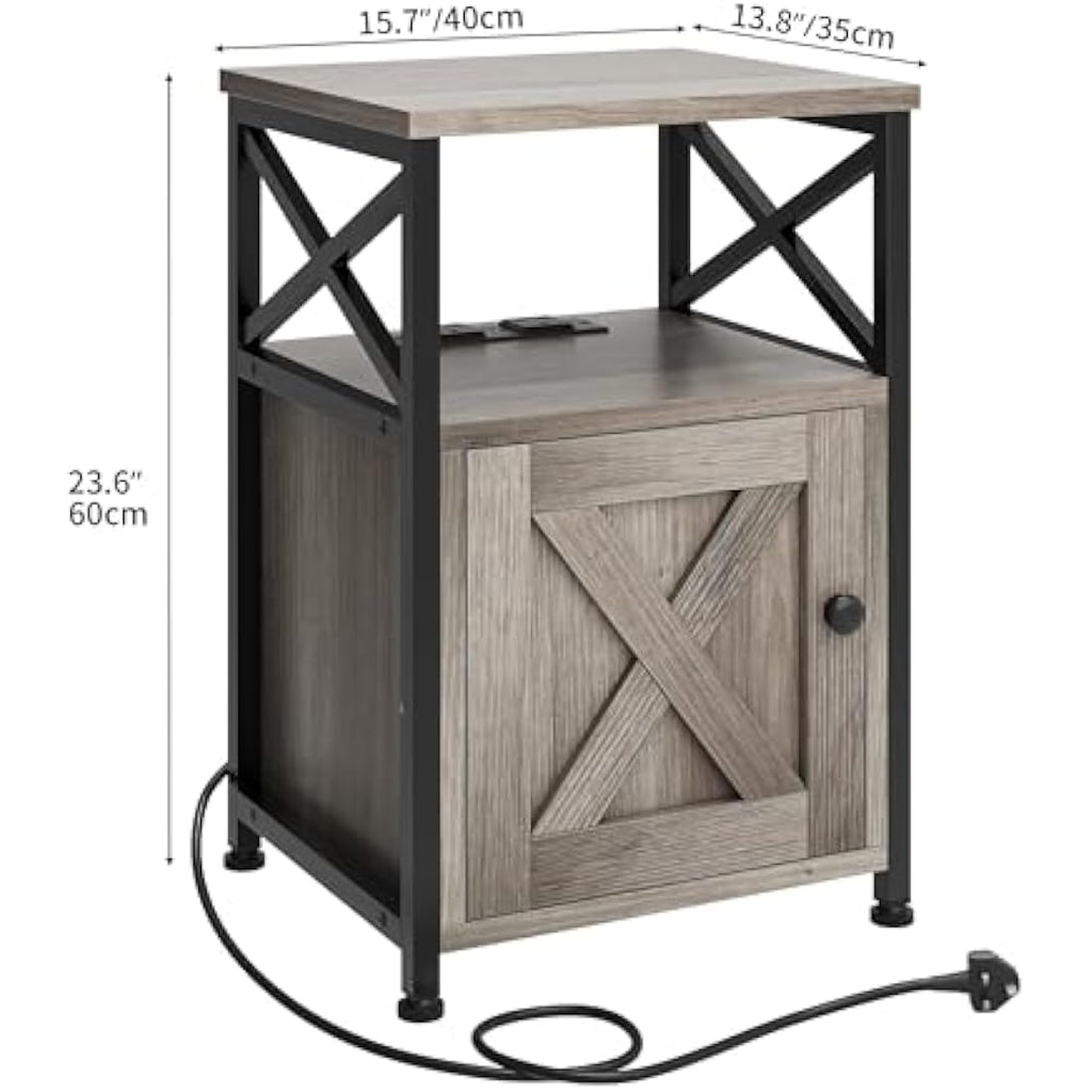 YITAHOME Side Table with Charging Station – Grey X-Shaped Bedside Table