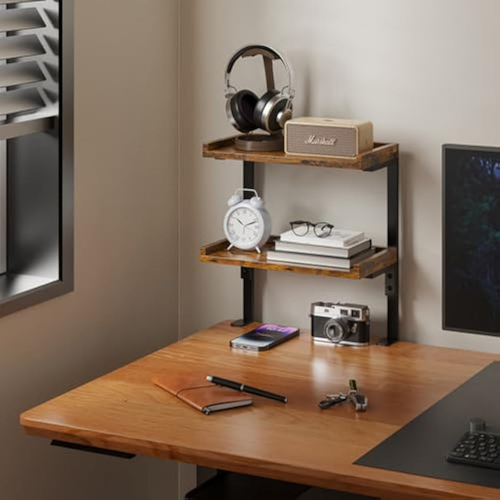 THYGIFTREE 2-Tier Clamp On Desk Shelf | Wood Tabletop Storage Rack - Brown