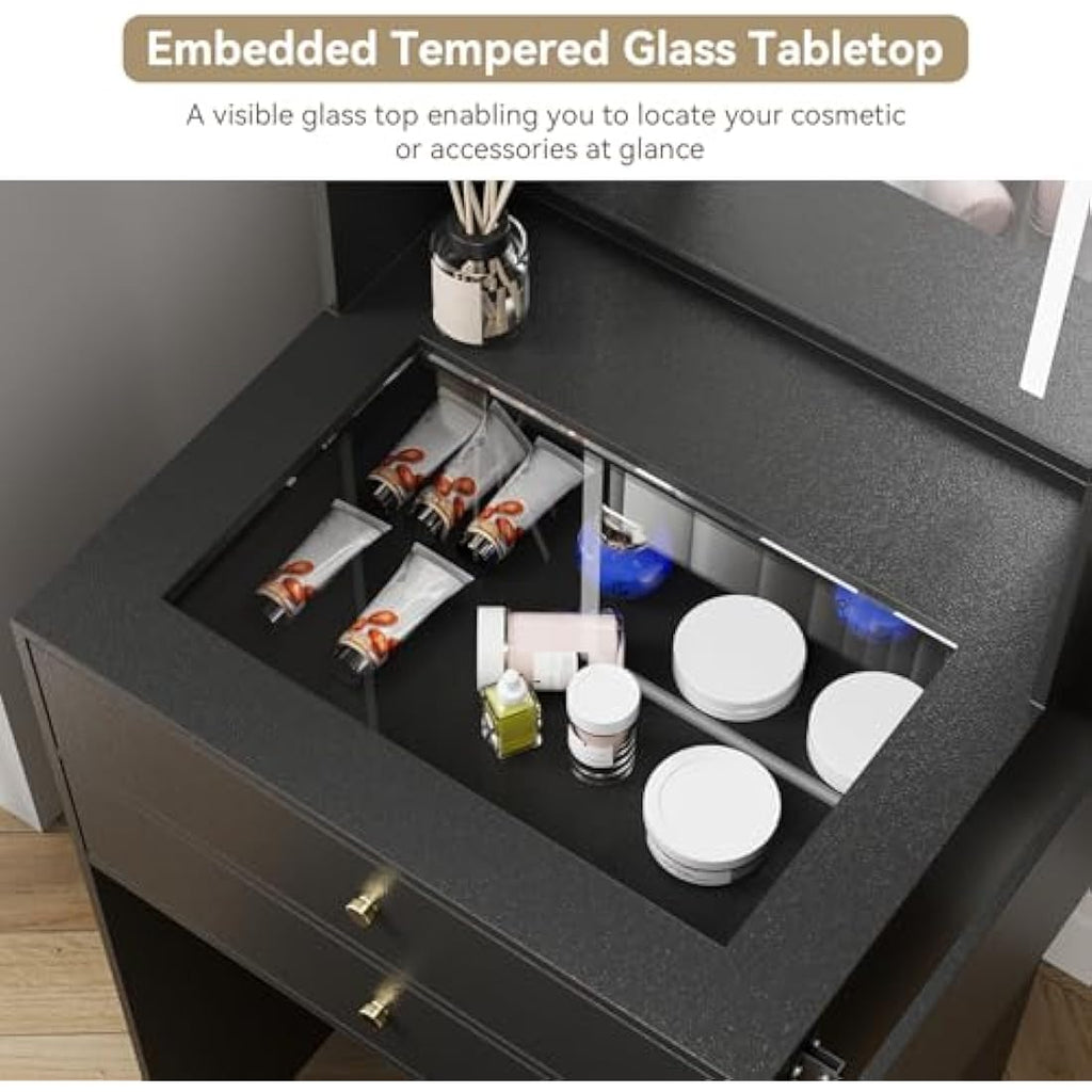 Dressing Table with LED Mirror – Black Glass Makeup Desk