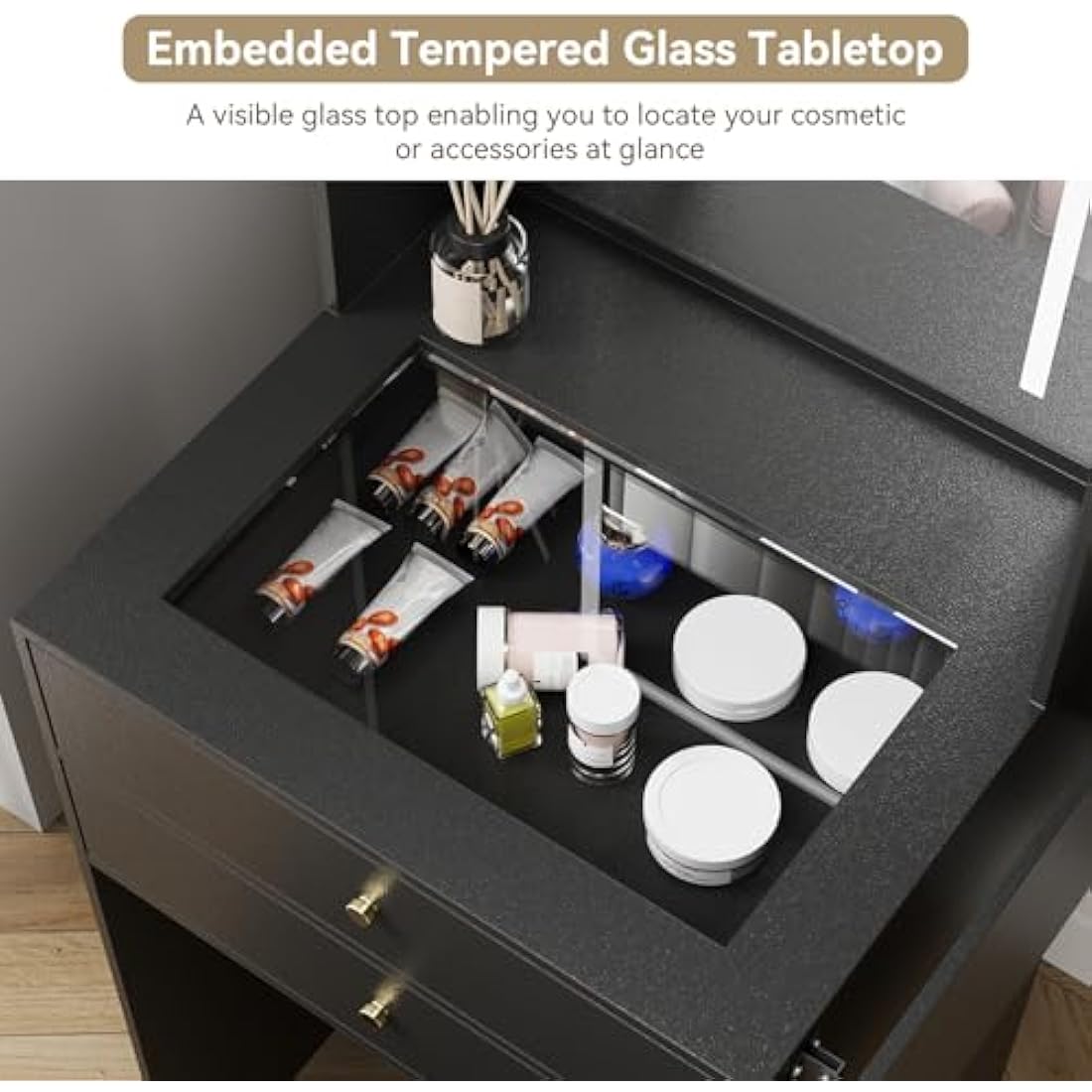 Dressing Table with LED Mirror – Black Glass Makeup Desk