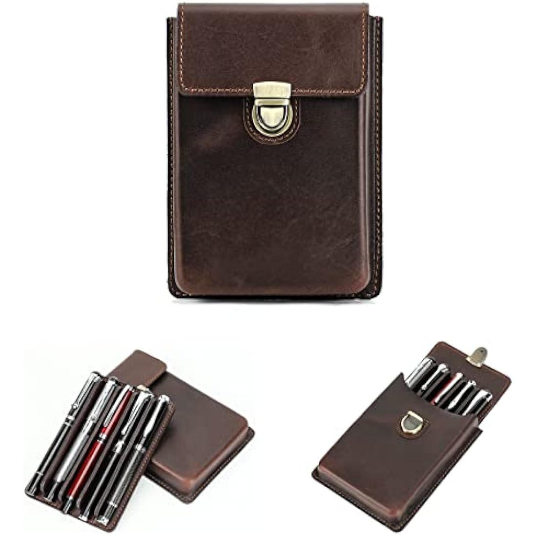 Hiram Full Grain Leather Pen Case | 5 Pen Storage with Brass Lock - Coffee