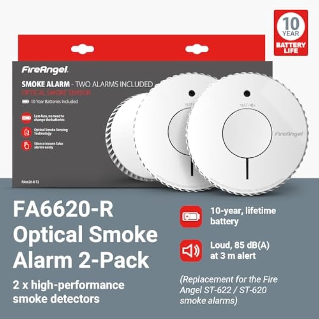 FireAngel FA6620 Optical Smoke Alarm 2-Pack | 10-Year Battery Fire Detector
