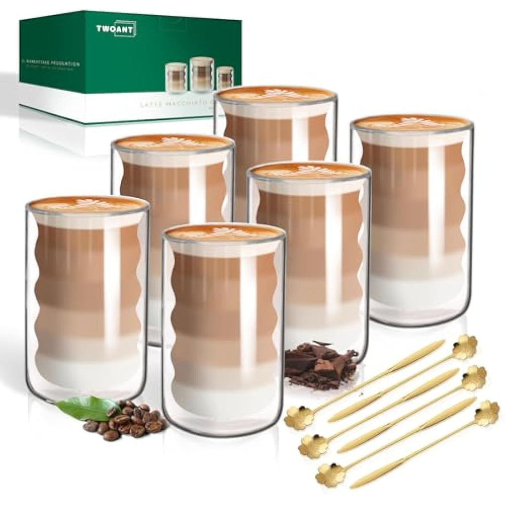Twoant Double Walled Glass Coffee Mugs - 400ml Borosilicate Cups, 6 Pack