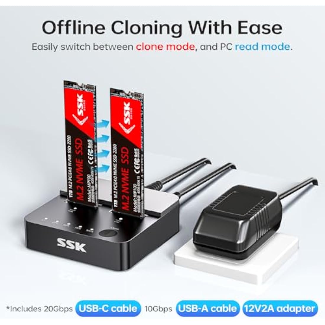 SSK Dual Bay M.2 NVMe SSD Cloner | 20Gbps USB 3.2 Gen 2x2 Docking Station
