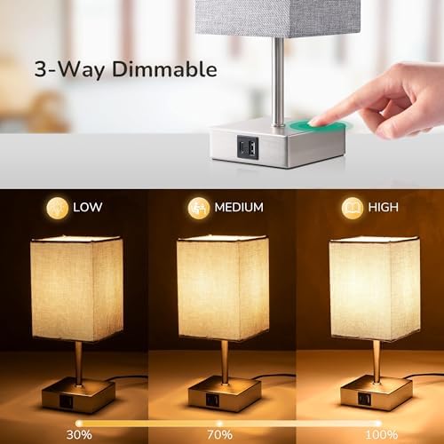 EDISHINE Bedside Lamps Set of 2 – 3-Way Dimmable Touch Lamps with USB