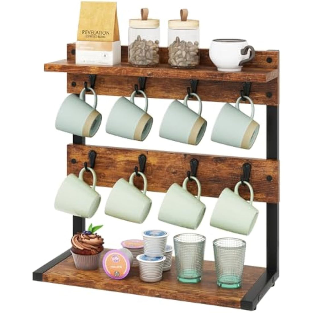 IBUYKE 2-Tier Coffee Mug Holder Stand – Rustic Brown 8-Cup Countertop Rack