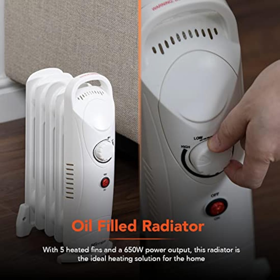 Warmlite 5 Fin Oil Filled Radiator - 650W Portable Electric Heater
