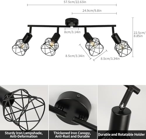 FORCOSO 4-Way Industrial Ceiling Spotlight | Black Metal Wire Cage Lamp