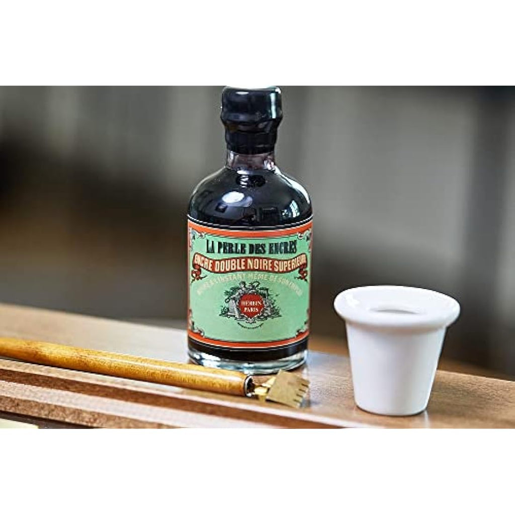 Jacques Herbin Perle Noire Ink - 100ml Bottle with Porcelain Inkwell