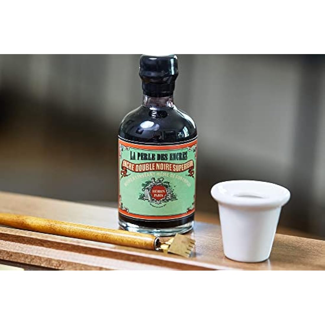 Jacques Herbin Perle Noire Ink - 100ml Bottle with Porcelain Inkwell