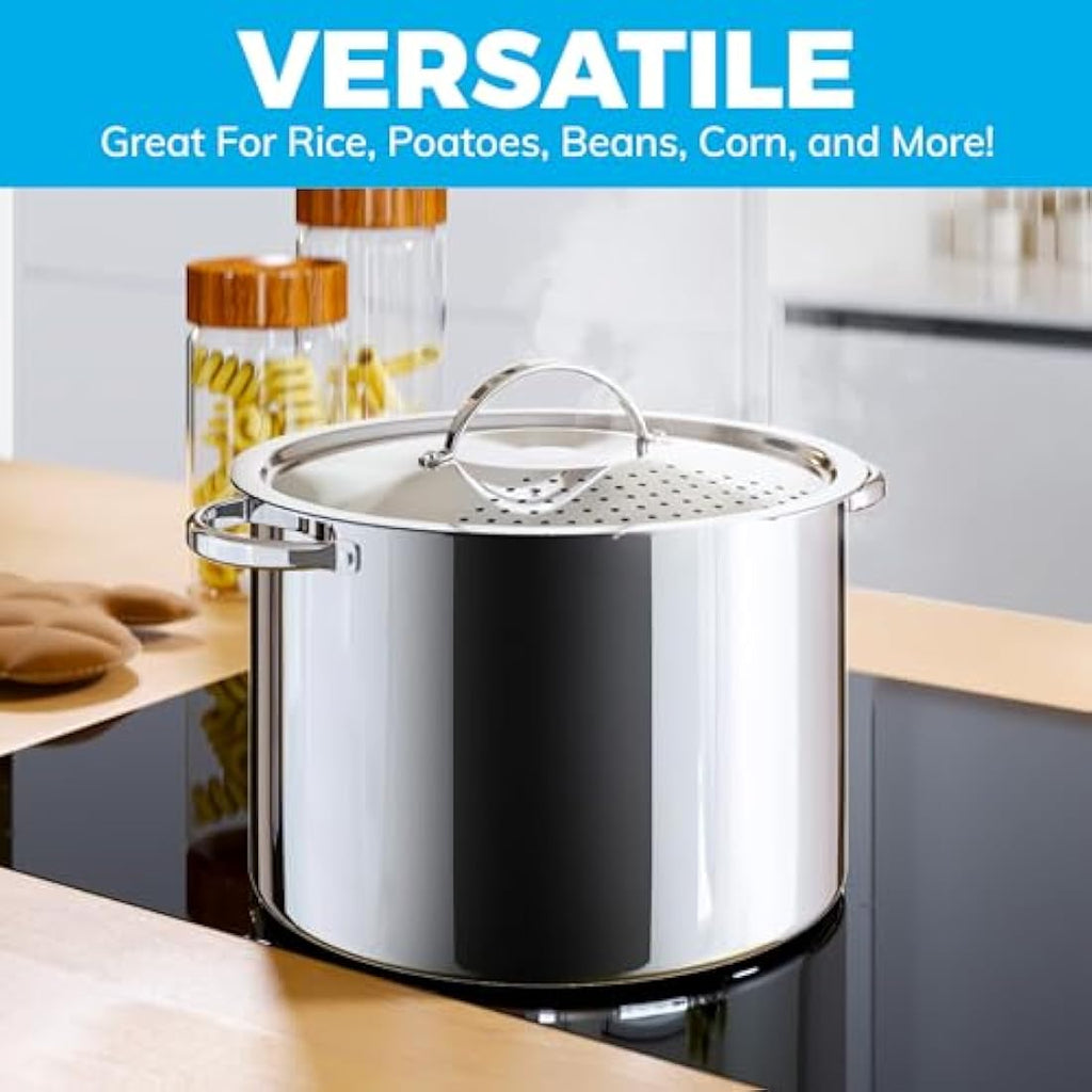 Jolof Store Stainless Steel Pasta Pot with Locking Strainer Lid – 5.5 Qt
