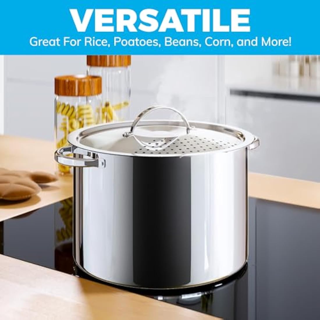 Jolof Store Stainless Steel Pasta Pot with Locking Strainer Lid – 5.5 Qt