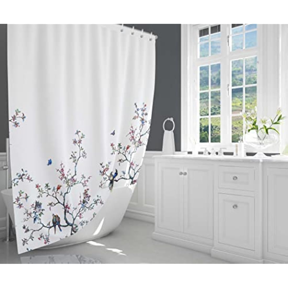 LIVETTY Floral Bird Shower Curtain | 180x180cm Waterproof Fabric with Hooks