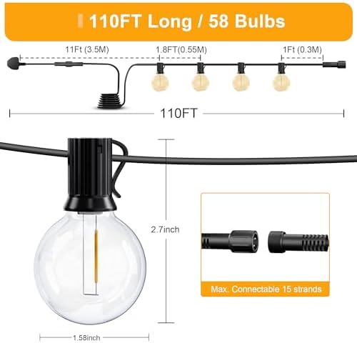Torkase 110FT G40 Outdoor String Lights | 58 Shatterproof LED Bulbs