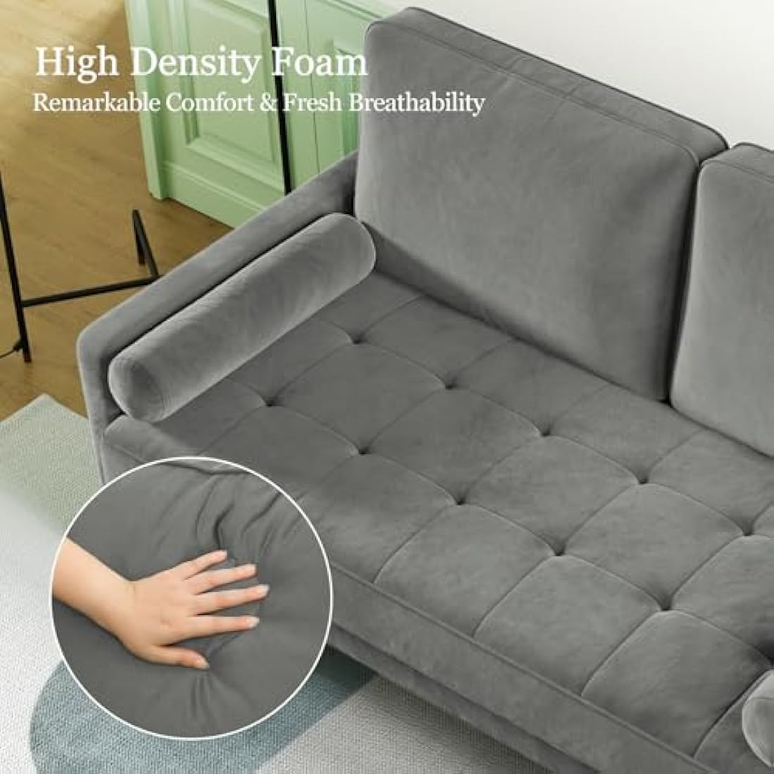 Vesgantti 2 Seater Grey Velvet Sofa – Modern Loveseat with Wood Legs
