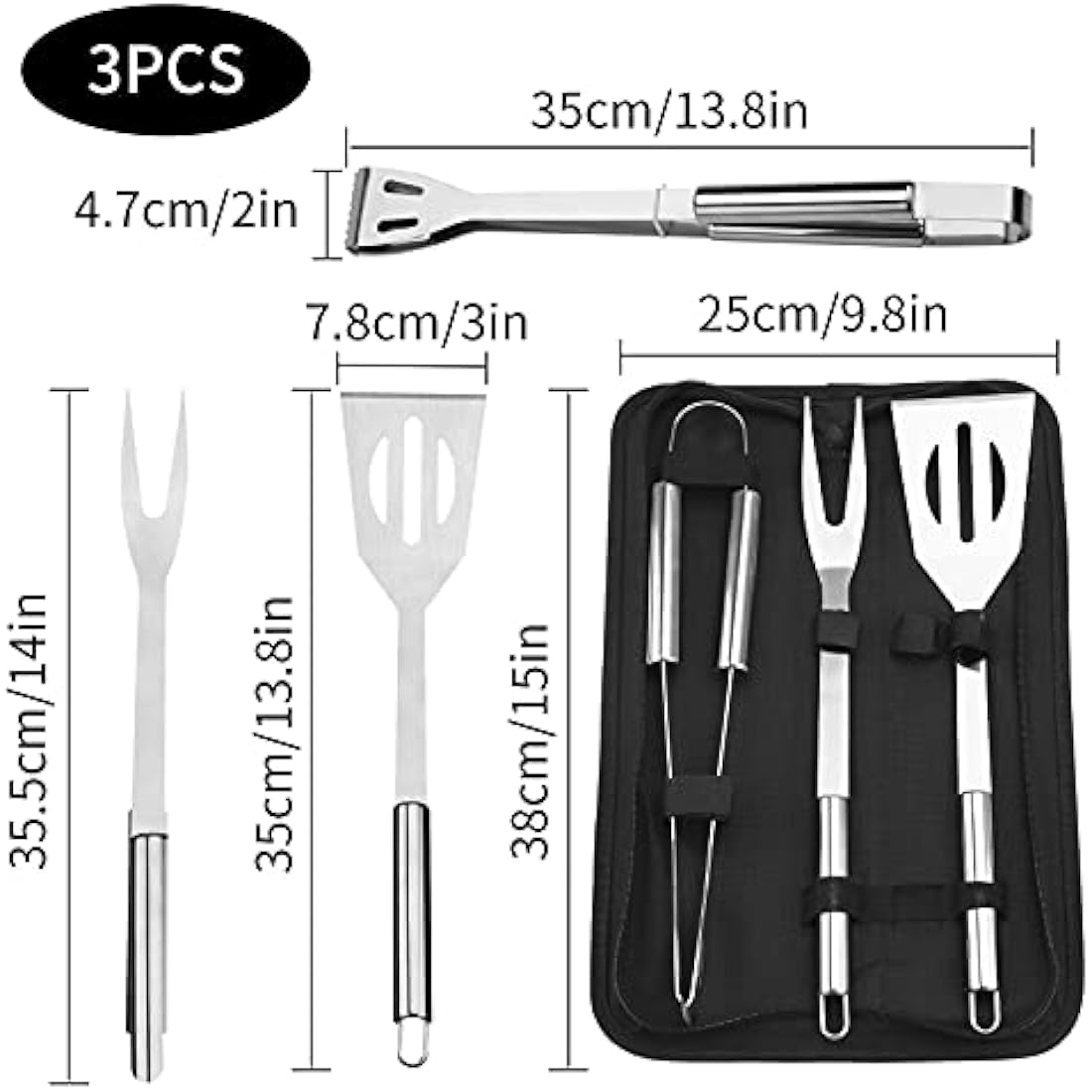 Jolof Store 3-Piece Stainless Steel BBQ Tool Set with Storage Bag