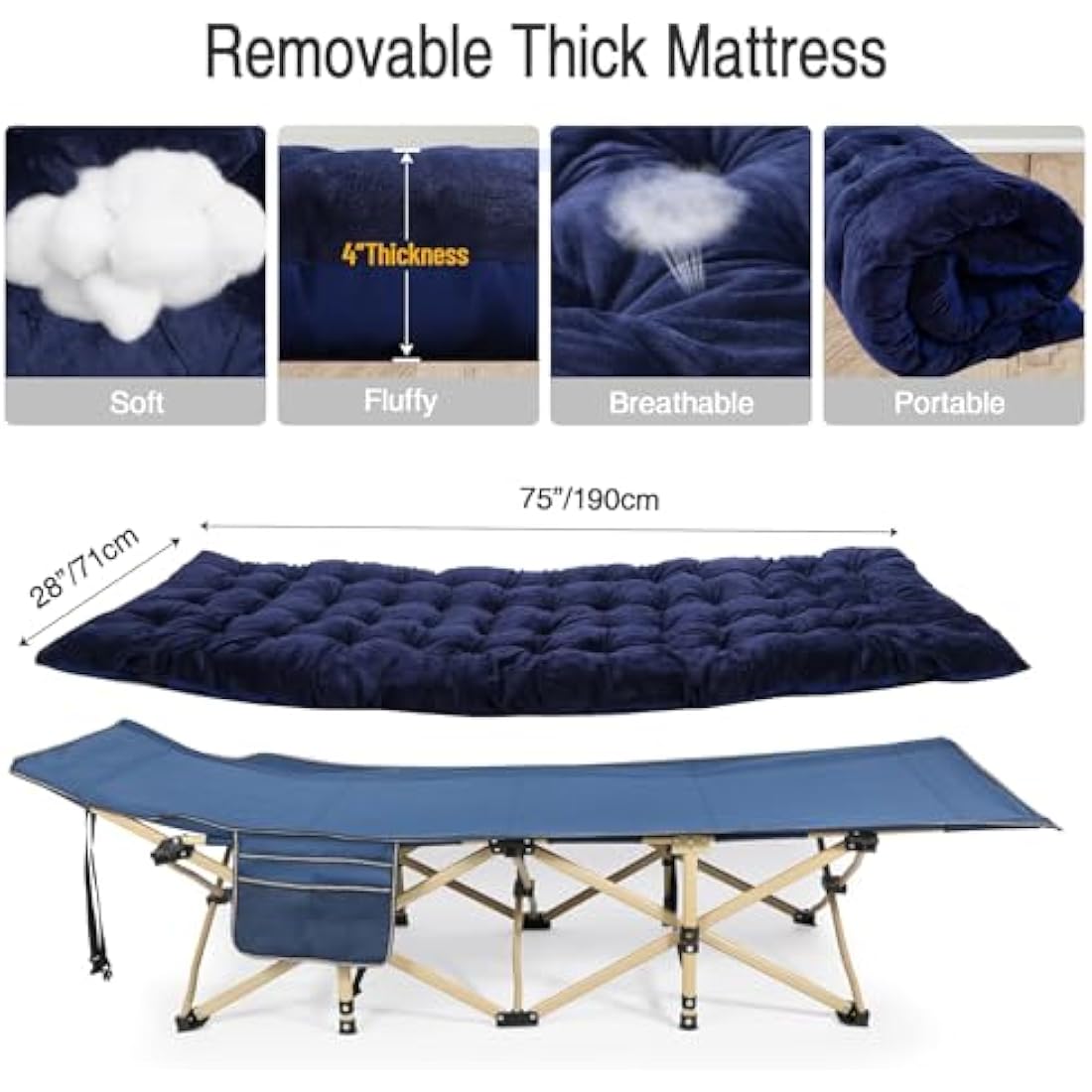 REDCAMP Heavy Duty Folding Camping Bed with 4-inch Mattress | Navy Blue