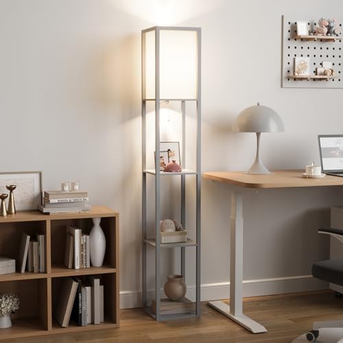 PULUOMIS Modern Wooden Floor Lamp with 3-Tier Shelves - Grey, 160cm