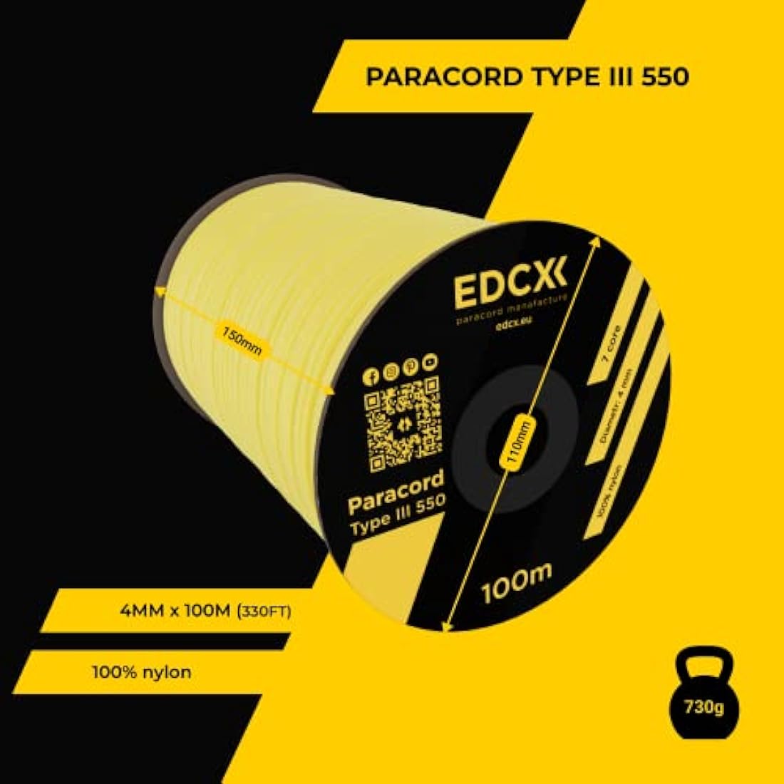 EDCX 550 Paracord Type III – 4mm Nylon Rope for DIY, Camping & Survival