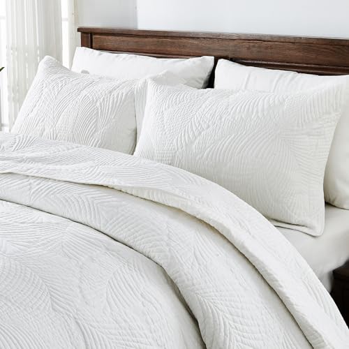 Qucover Cotton Quilted Bedspread Set | Super King Palm Leaf Embroidery