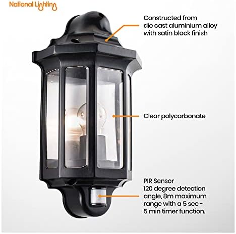 National Lighting Black PIR Motion Sensor Outdoor Wall Lantern | IP44