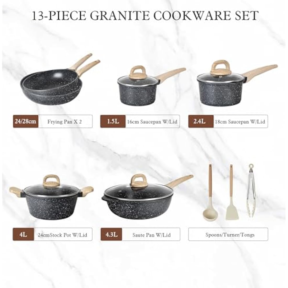 Terlulu 13-Piece Nonstick Granite Cookware Set – Induction Compatible