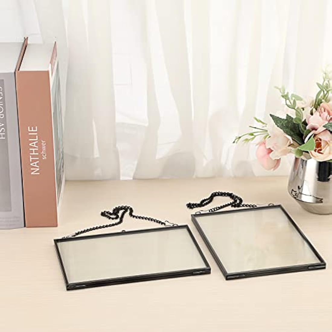 Black Glass Hanging Photo Frames - Set of 2 Floating 5x7