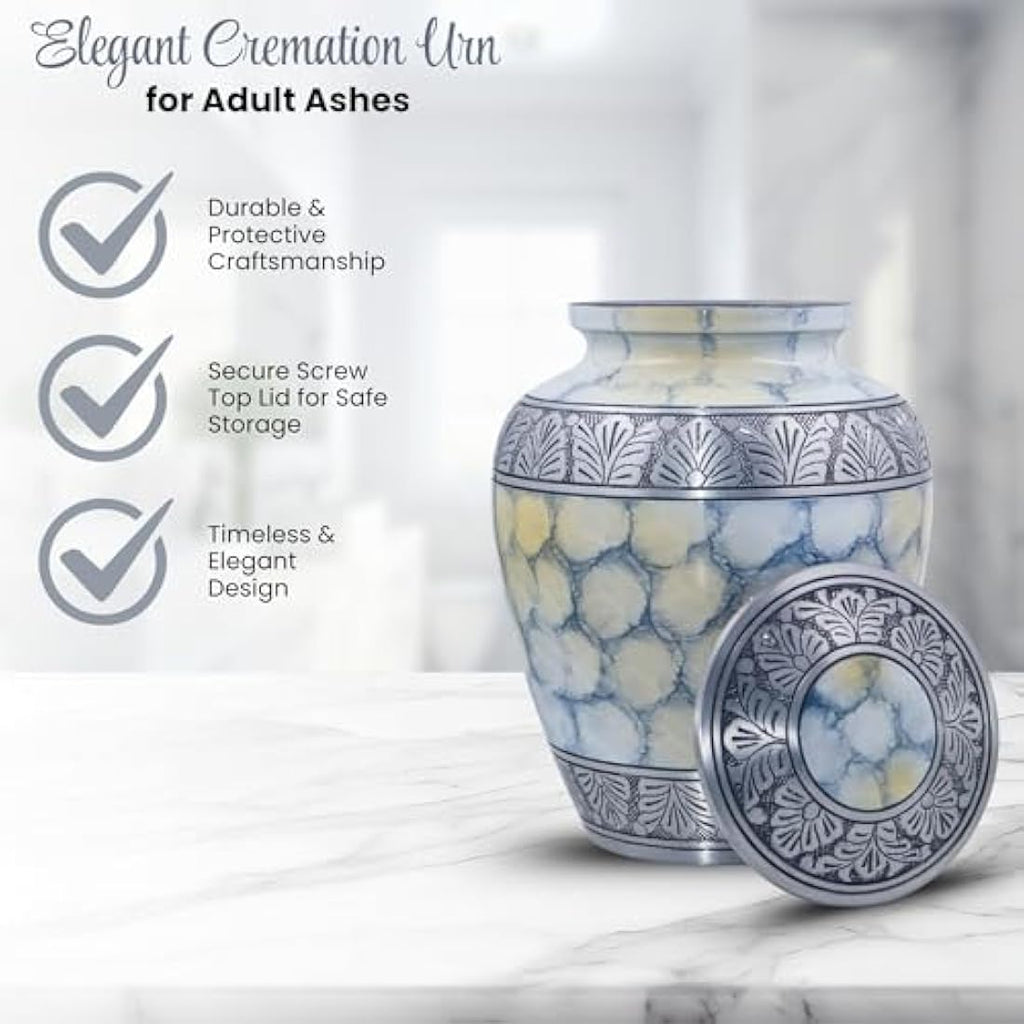 Handcrafted Silver Engraved Adult Cremation Urn - Cloud White