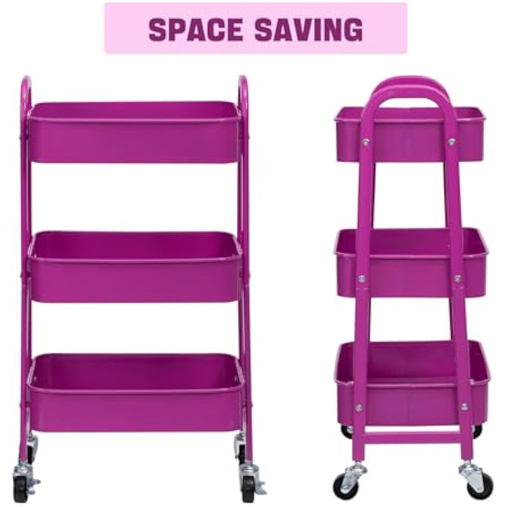 DOEWORKS 3-Tier Metal Rolling Utility Cart - Slim Storage Trolley, Purple